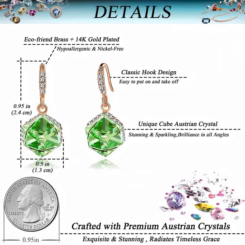 EVEVIC Austrian Crystal Cube Drop Dangle Earrings for Women 14K Gold Plated Hypoallergenic Jewelry (Green) - Image 4